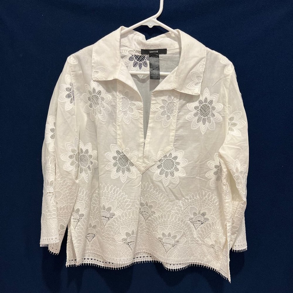 Smythe White on White Embroidered 3/4 Sleeve Blouse in Size Medium